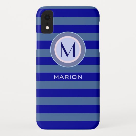 Blauwe streepjes monogram Case-Mate iPhone case (Achterkant)
