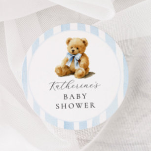 Blauwe Strepen Beer Baby Shower Ronde Sticker