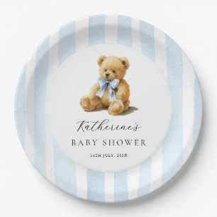 Blauwe Strepen Beer Babyshower  Papieren Bordje