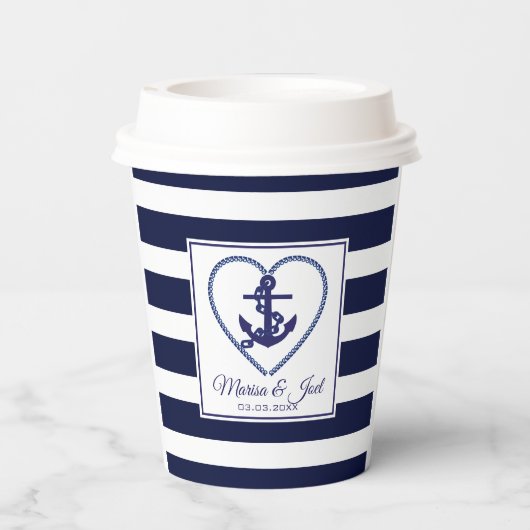 Blauwe strepen en ankerdocument kop papieren bekers (Achterkant)