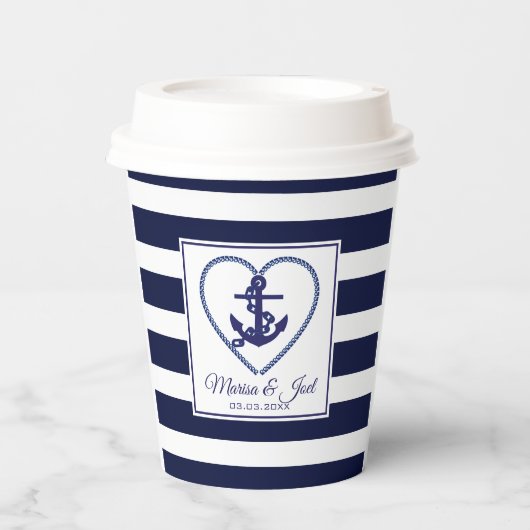 Blauwe strepen en ankerdocument kop papieren bekers (Voorkant)