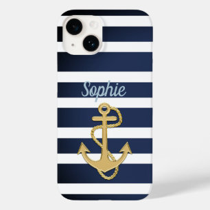 Blauwe strepen en gouden anker Case-Mate iPhone 14 hoesje
