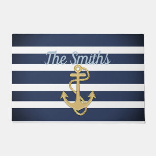 Blauwe strepen en gouden anker deurmat