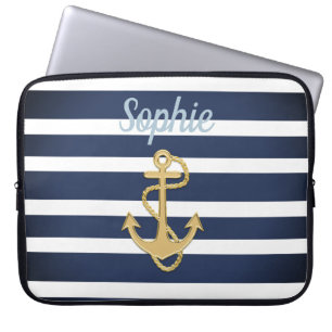 Blauwe strepen en gouden anker laptop sleeve