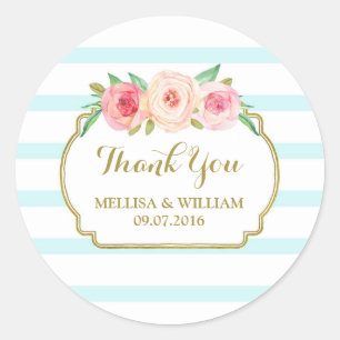 Blauwe Strepen Goud Roze Bloemen Bruiloft Favor La Ronde Sticker
