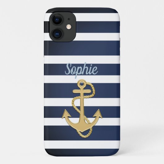 Blauwe Strepen & Gouden Anker Nautilus Case-Mate iPhone Case (Achterkant)