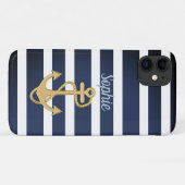 Blauwe Strepen & Gouden Anker Nautilus Case-Mate iPhone Case (Achterkant (horizontaal))