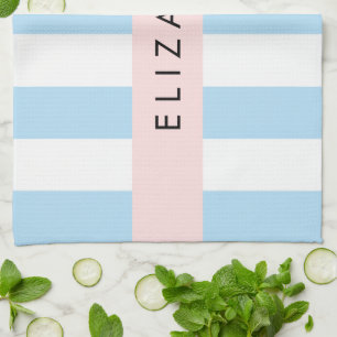Blauwe strepen, streeppatroon, lijnen, Jouw naam Theedoek