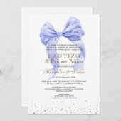 Blauwe strik baby'tje eerste verjaardag doop jonge kaart (Voorkant / Achterkant)