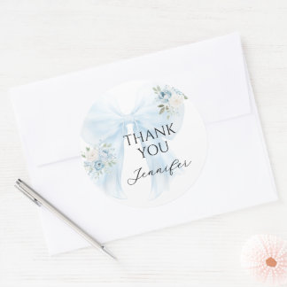 Blauwe Strik Bloemige Baby Jongen Shower Bedankt Ronde Sticker
