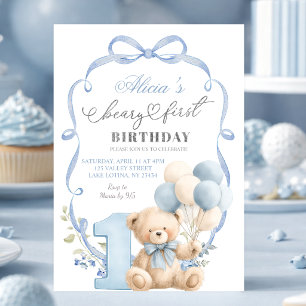 Blauwe Strik Coquette Beary Eerste Verjaardag Kaart