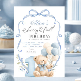 Blauwe Strik Coquette Beary Eerste Verjaardag Kaart