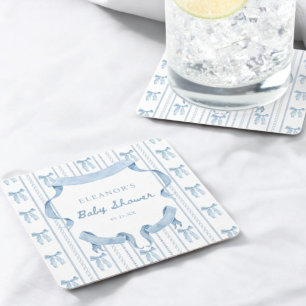 Blauwe Strik Coquette Blauwe Jongen Baby Shower Vierkante Kartonnen Onderzetter