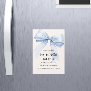 Blauwe strik crème beige elegant Sweet 16 luxe Magnetische Uitnodiging