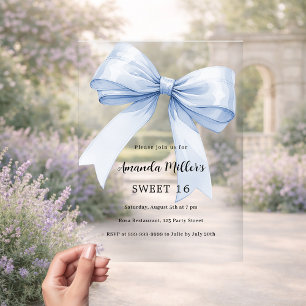 Blauwe strik crèmekleurig beige elegant Sweet 16 h Acryl Uitnodigingen
