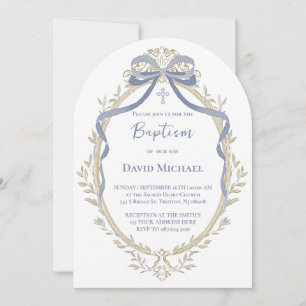 blauwe strik elegante beige lijst Doop Kaart