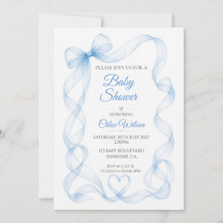 Blauwe Strik en Hart Baby Jongens Shower Uitnodigi
