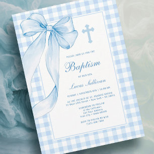 Blauwe Strik Gingham Doop Uitnodiging