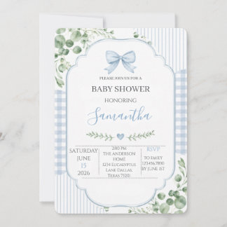 Blauwe Strik Gingham Groene Jongens Baby Shower Kaart