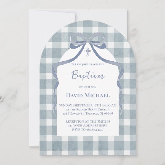 blauwe strik gingham motief Doop Kaart (Voorkant)