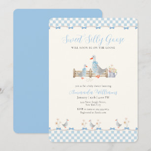 Blauwe Strik Gingham Preppy Dwaze Gans Baby Shower Kaart