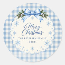 Blauwe Strik Gingham Teddybeer Kerststicker