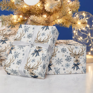Blauwe Strik Hert Kerst Sneeuwvlokken Cadeaupapier