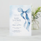 Blauwe strik lint baby shower kaart (Staand voorkant)