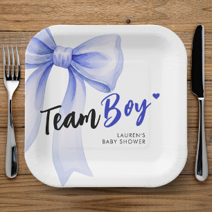 Blauwe strik team jongen lint cute baby shower papieren bordje