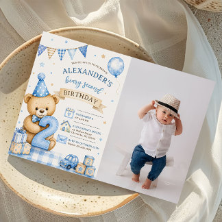 Blauwe Strik Teddy Beary Tweede Verjaardagsfoto Kaart