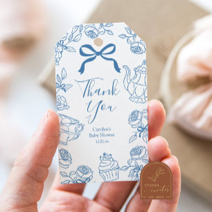 Blauwe Strik Toile Thee Feestje Gift Tags Cadeaulabel