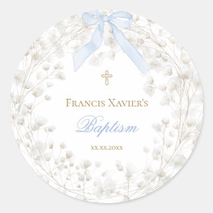 blauwe strik witte baby's adem bloemen Doop Ronde Sticker
