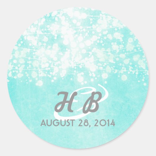 blauwe string lichten rustieke bruiloft ronde sticker (Voorkant)