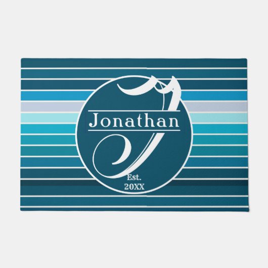 Blauwe Stripes Navy, Sky Blue, Aqua Monogrammed Deurmat (Voorkant)