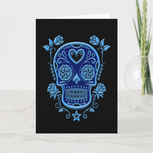 Blauwe suikerschedel met Rozen op zwart Kaart