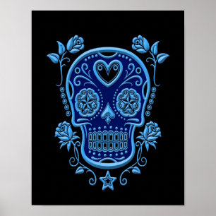 Blauwe suikerschedel met Rozen op zwart Poster