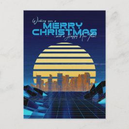 Blauwe Synthwave Kerstmis Feestdagenkaart