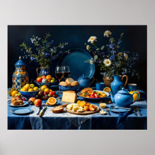 Blauwe tafel stilleven met fruit, kaas en flow poster