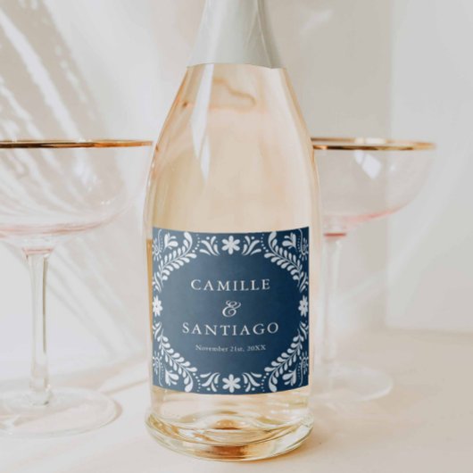 Blauwe Talavera Mexicaanse bruiloft Sparkling Wijnetiket