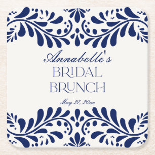 Blauwe Talavera Tegel Spaanse Fiesta Bruids Brunch Vierkante Kartonnen Onderzetter