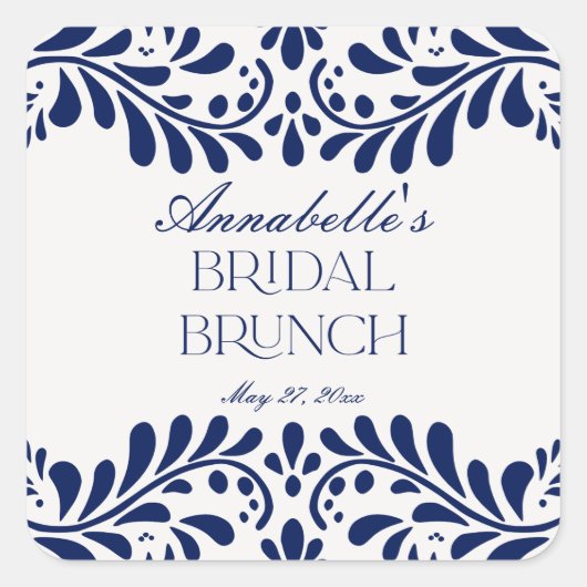 Blauwe Talavera Tegel Spaanse Fiesta Bruidsbrunch Vierkante Sticker (Voorkant)