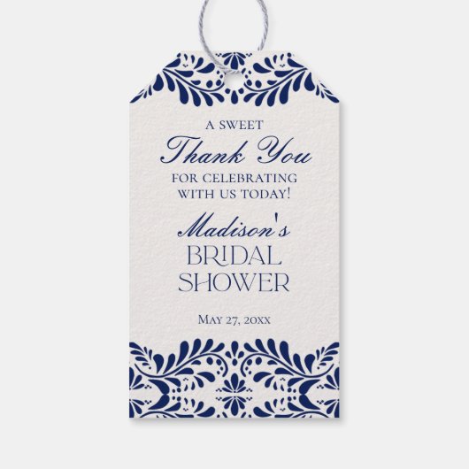 Blauwe Talavera-tegels Bruidsdouche Favorietie Ges Cadeaulabel (Achterkant)