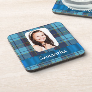 Blauwe tartan foto plaid sjabloon onderzetter