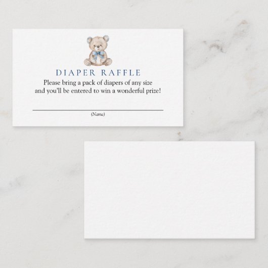 Blauwe Teddybeer Baby shower Luier Raffle Informatiekaartje (Voorkant / Achterkant)