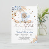 Blauwe Teddybeer Babyshower Uitnodiging (Staand voorkant)