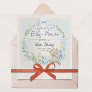 Blauwe teddybeer babyshower uitnodiging