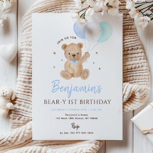 Blauwe Teddybeer Ballon Eerste Verjaardag Kaart