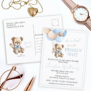 Blauwe teddybeer ballonnen baby boy douche briefka aankondigingskaart