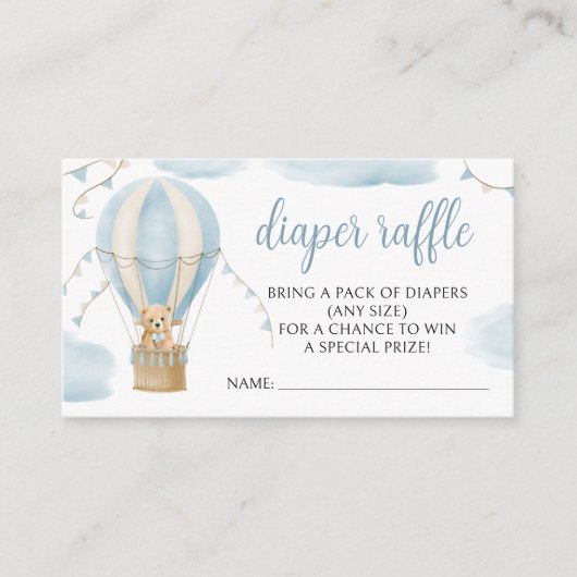 Blauwe teddybeer hete luchtballon luier loterij informatiekaartje (Voorkant)