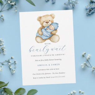 Blauwe Teddybeer Jongen Babyshower Uitnodiging